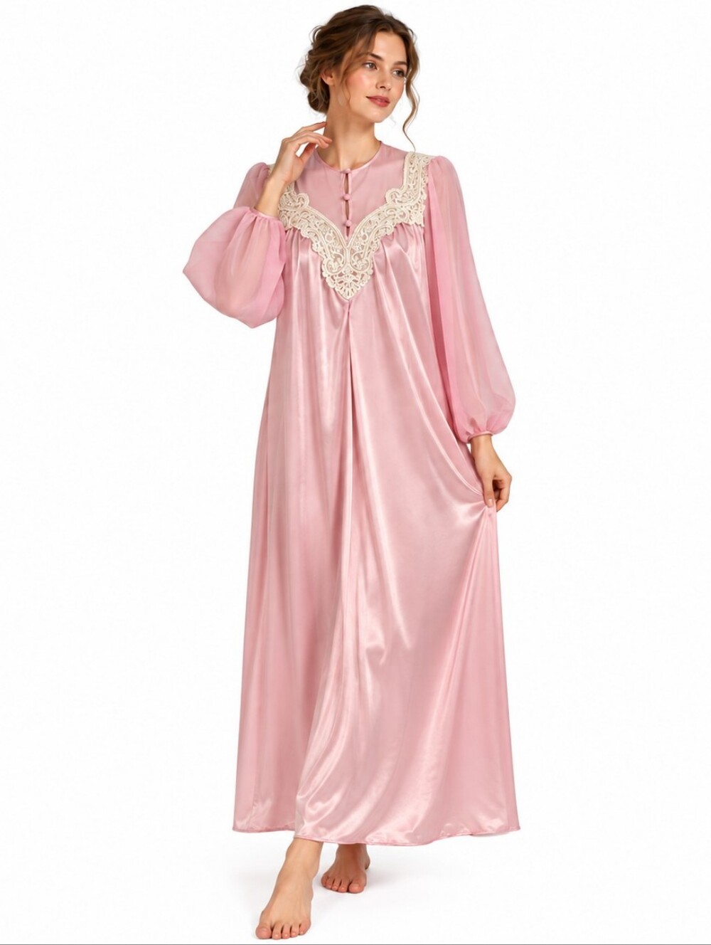 Miss Dior Nightgown S Pink Vintage Satin‎ Lace Sheer Sleeve Coquette Regency 70s